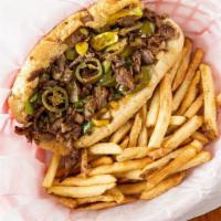 Peppered Cheesesteak · Recommended. Sirloin steak, grilled onions, and American Swiss kicked with jalapeños, banana...