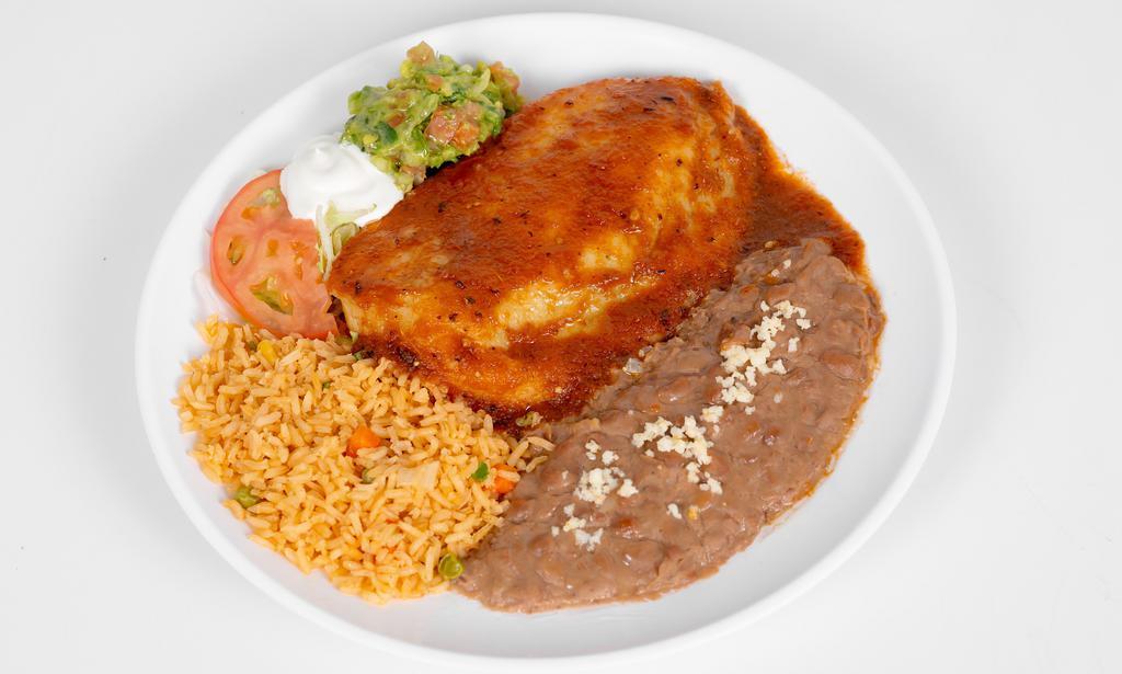 Chile Relleno · Served with rice and beans, guacamole, sour cream, lettuce and pico de gallo, flour and corn tortilla.