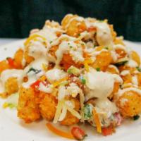 Loaded Tater Tots · Our signature tots with queso, bacon, onion, cilantro and sauce