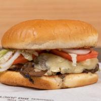 Mushroom & Swiss Burger · Comes with sautéed mushrooms and Swiss cheese. Includes mayo, mustard, lettuce, tomato, pick...