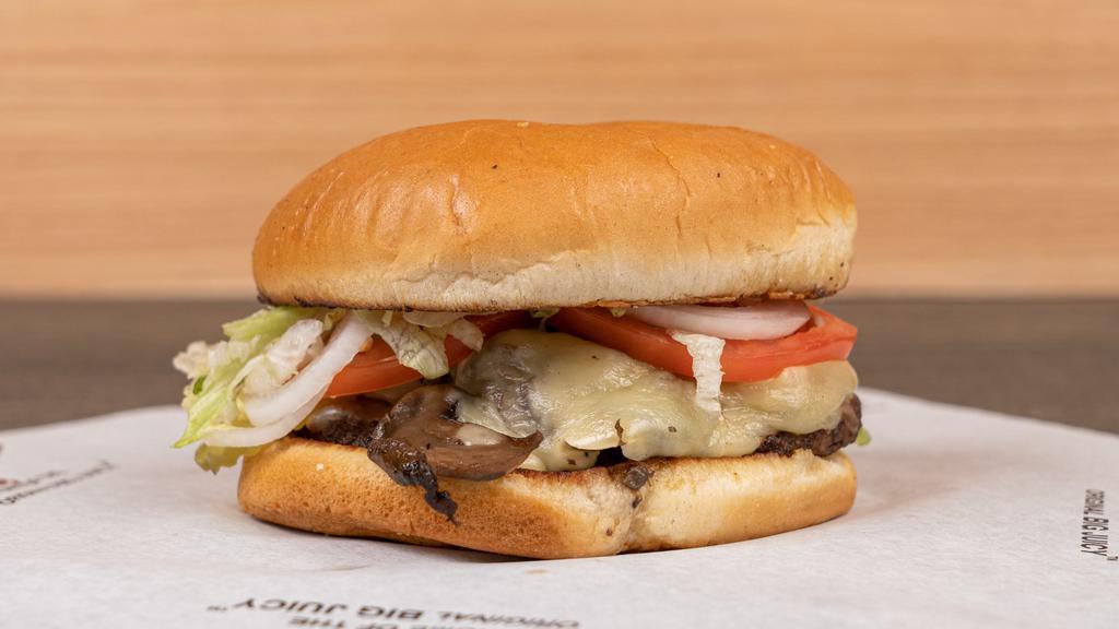 Mushroom & Swiss Burger · Comes with sautéed mushrooms and Swiss cheese. Includes mayo, mustard, lettuce, tomato, pickle, and onion.