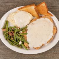 Chicken Fried Steak · Hearty, hand-battered chicken fried steak served with Texas toast and choice of two sides.