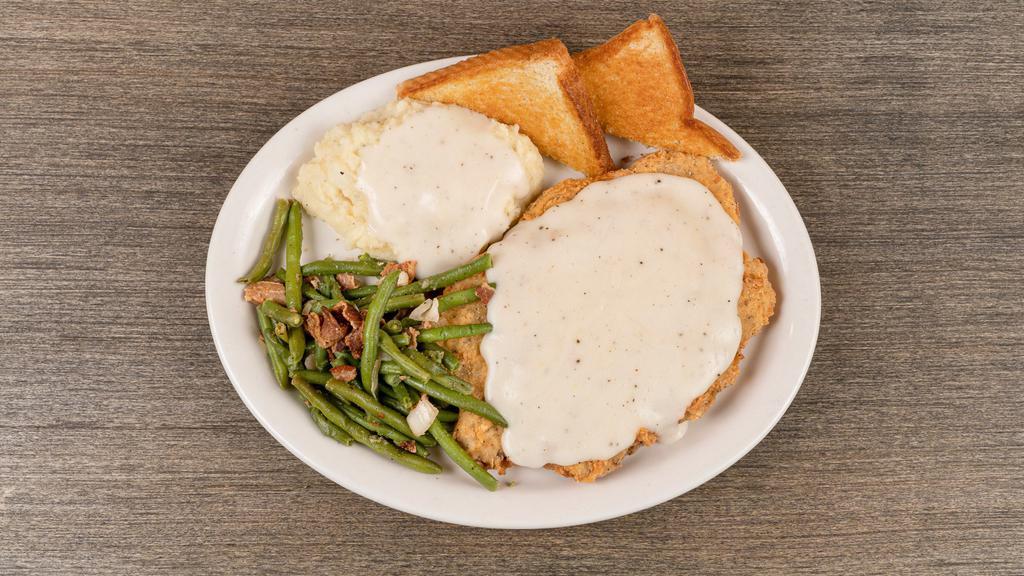 Chicken Fried Steak · Hearty, hand-battered chicken fried steak served with Texas toast and choice of two sides.