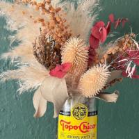 Topo Chico  · This custom cut Topo Chico bottle serves as the perfect vessel for a small dried arrangment