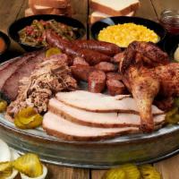 Lil Pig Out · Feeds 3-4
¼ lb of brisket
¼ lb of turkey
½ lb of sausage
½ lb of pulled pork
HALF chicken
2 ...