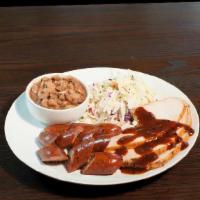 Two Meat Plate · Choice of, chicken, pulled pork, turkey or sausage.