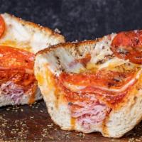 The Devito · Genoa Salami, Ham, Marinara, Pepperoni, Marinara and fresh Mozzarella on a Crusty Italian Ro...