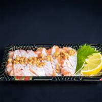 Salmon Toro Sashimi 5Pcs · salmon belly with rainbow sea salt and garlic chips