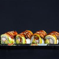 Dragon Roll* · california roll topped with baked eel, avocado, eel sauce, sesame seeds