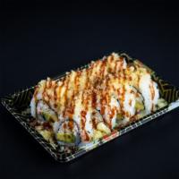 Crunch Roll* · crab delight, avocado topped with crunchy flake, eel sauce