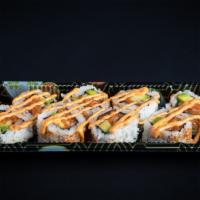Spicy Salmon Roll · spicy salmon mixed with crunch flakes, avocado, cucumber, shichimi, spicy mayo sauce