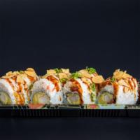 Garlic Mama Roll* · shrimp tempura, avocado topped with crab delight, spicy mayo sauce, eel sauce, sliced garlic...