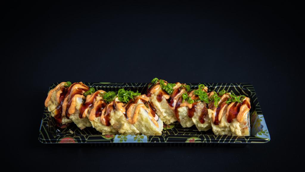 Hot Tokyo Roll* · salmon, cream cheese, pickled jalapeno then deep fried whole roll, spicy mayo sauce, eel sauce, green onions
*indicates cooked item