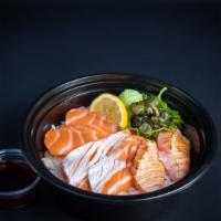Salmon Chirashi Donburi · salmon (2pcs), seared salmon (2pcs), salmon belly (2pcs), ikura on a bowl of sushi rice
come...