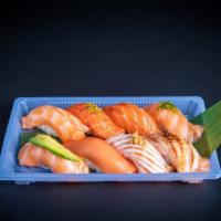 8 Pcs Salmon Sushi Sampler · 1pc each of salmon, miso salmon, salmon toro, salmon chili, aburi salmon, smoked salmon, avo...