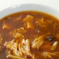 Chicken Hot And Sour Soup · special thick soup with cabbage, carrot, bamboo shoot, mushroom, chicken, vineger and black ...