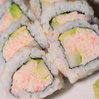 California Roll · Crabmeat, Avocado, Cucumber, wrapped around with Seaweed & Rice &  Sesame Seeds. (Cooked)