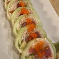 Lady Karen Roll · Tuna, Yellowtail, Salmon, Crabmeat, Yamagobo, wrapped around with Cucumber, topped with Masa...