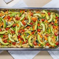 Pasta Salad (Large) · Tri-color pasta prepared with cucumbers, tomatoes, bell peppers, and avocado seasoned with o...