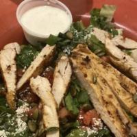 Grilled Chicken Salad · Gluten-free. Romaine lettuce topped with marinated grilled chicken breast, sliced red onion,...
