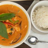 Red Curry · Medium. bamboo shoots, eggplant, fresh basil, and bell peppers in red curry paste and coconu...