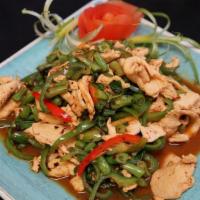 Pad Krapow · crop green beans, bell peppers, white onions, and fresh basil leaves stir-fried with your ch...