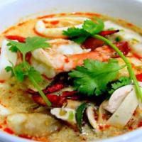 Tom Yum Talay · Combination of seafood in hot and sour soup with lemongrass, lime leaves, and straw mushroom...
