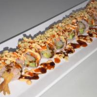Crazy Shrimp Roll · Double shrimp tempura, cooked shrimp, crab, avocado, cream cheese, cucumber, topped w/ spicy...