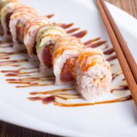 Crunch Dynamite Roll · Most loved. Fried shrimp tempura, crab, avocado, cucumber, cream cheese, topped w/ spicy cra...