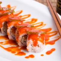 Cry Baby Roll (2) · Spicy tuna, jalapeno topped with fresh salmon.