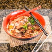 Japanese Tonkotsu Ramen · Pork Broth, Pork Chashu, Seasoned Egg,Bamboo Shoots, Fishcake, Spinach, Sweet Corn,Green Oni...