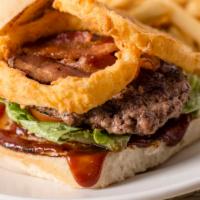 The Frisco Burger · Lettuce, Tomato, Pickles, Fried Onions, Bacon, BBQ. Served with Fries.