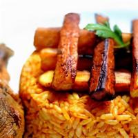Jollof Rice  · Comes with plantain and any protein of choice.