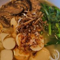 Pan Mee (Hakka Flat Noodle Soup) · Hand made flat noodle soup with minced pork, shiitake mushroom, crispy anchovies, fish balls...
