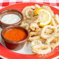 Fried Calamari · Flour coated calamari rings, fried.