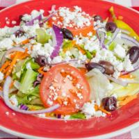 Greek Salad · Lettuce Iceberg and Romain hearts , feta cheese , kalamata olives , onions , tomatoes and pe...