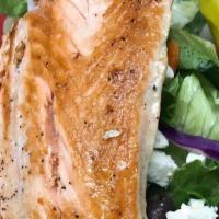 Grilled Salmon Salad · Fresh Romaine lettuce, Iceberg lettuce, fresh mushrooms, sliced olives, fresh tomatoes, & mo...