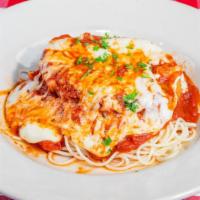 Veal Parmigana · breaded veal and pan fried topped with fresh tomatoe sauce and mozzarella