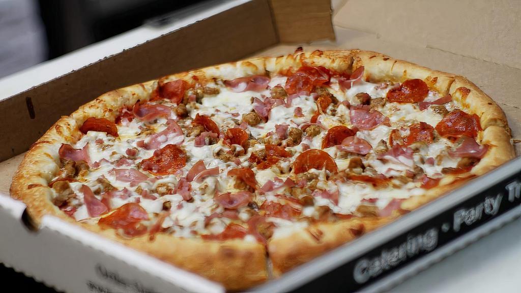 All Meat · Pizza sauce, pepperoni beef, Italian sausage, Canadian bacon, ham, and mozzarella cheese.