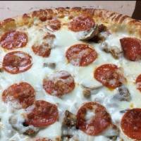 American Favorite · Pizza sauce, pepperoni, Italian sausage, mushrooms, and extra mozzarella cheese.