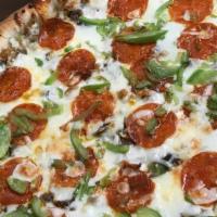Deluxe · Pizza sauce, pepperoni, beef, Italian sausage, mushrooms, onions, bell pepper, and mozzarell...