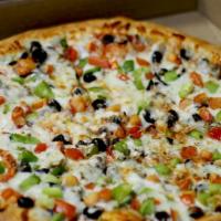 All Veggie · Pizza sauce, onions, mushrooms, black olives, bell peppers, tomatoes, and mozzarella cheese.
