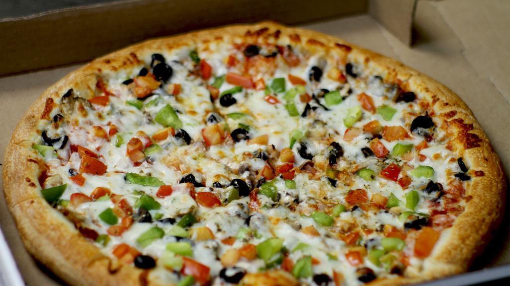 All Veggie · Pizza sauce, onions, mushrooms, black olives, bell peppers, tomatoes, and mozzarella cheese.