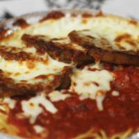 Eggplant Parmesan · Spaghetti, eggplant topped with tomato sauce, and melted mozzarella cheese.