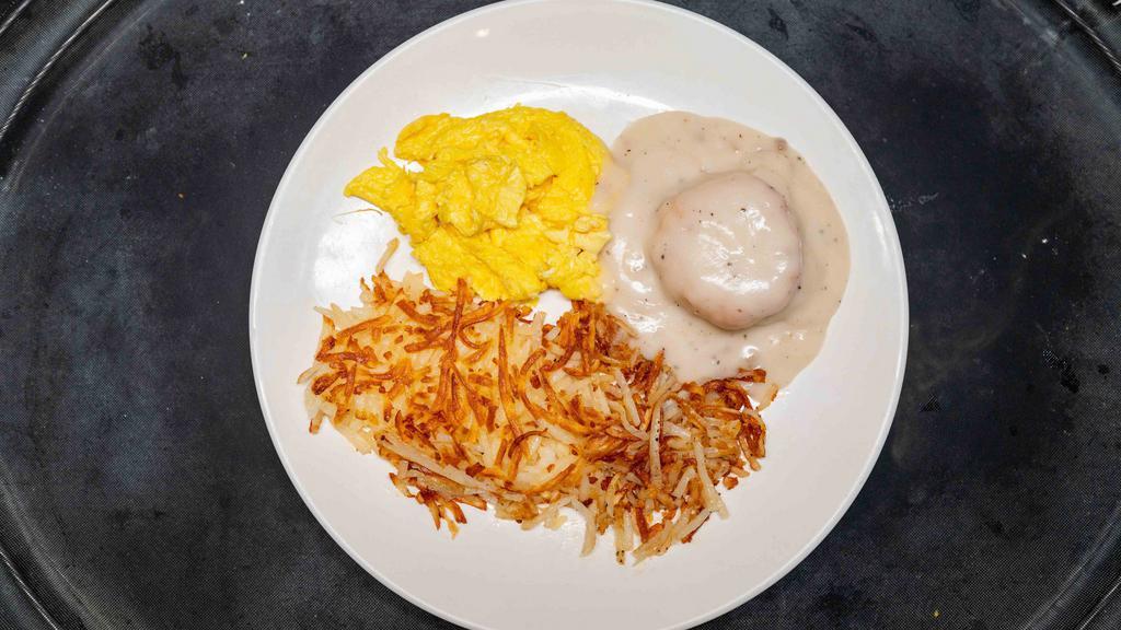Biscuits & Sausage Gravy · Homemade sausage gravy loaded over flakey biscuits. Served with hash browns
