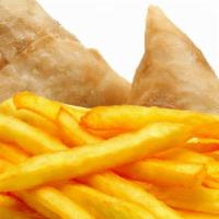 Samosas · 2 kenyan pastries filled with savory ground beef served with fries.