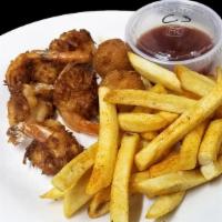 Coconut Shrimp App · Five Plump Shrimp dipped in shredded coconut served with our honey mustard sauce with fries ...