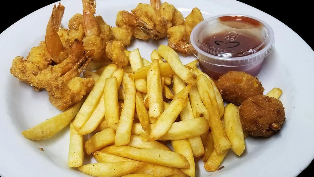 Fried Shrimp App · Five Fried shrimp, crispy on the outside with fries and hush puppies.