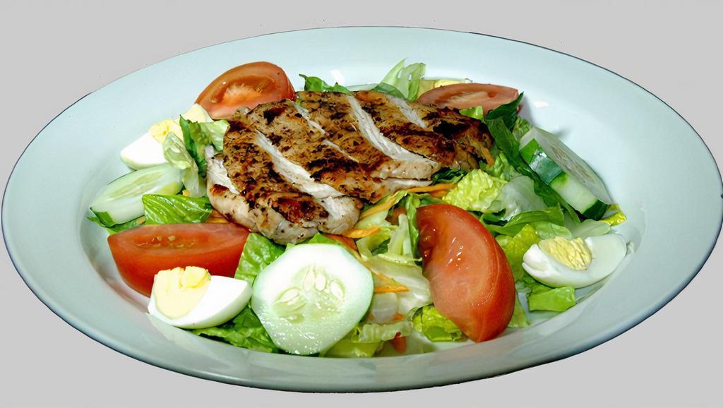 Chicken Salad · Choice of a fried or grilled chicken breast over crisp romaine lettuce with tomato cucumber and french fried onion.
