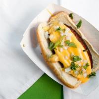 The Texas Dawg · Brisket stuffed hot link, topped with queso, onions and cilantro.